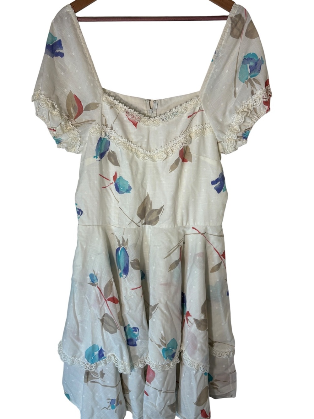Cottagecore Floral Lace Trim Puff Sleeve Mini Dress
